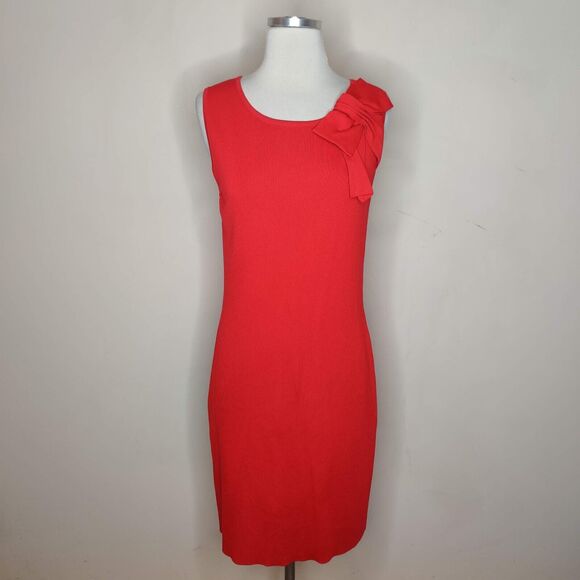 Carmen Marc Valvo Red Stretch Sheath Dress w Bow - Picture 1 of 8